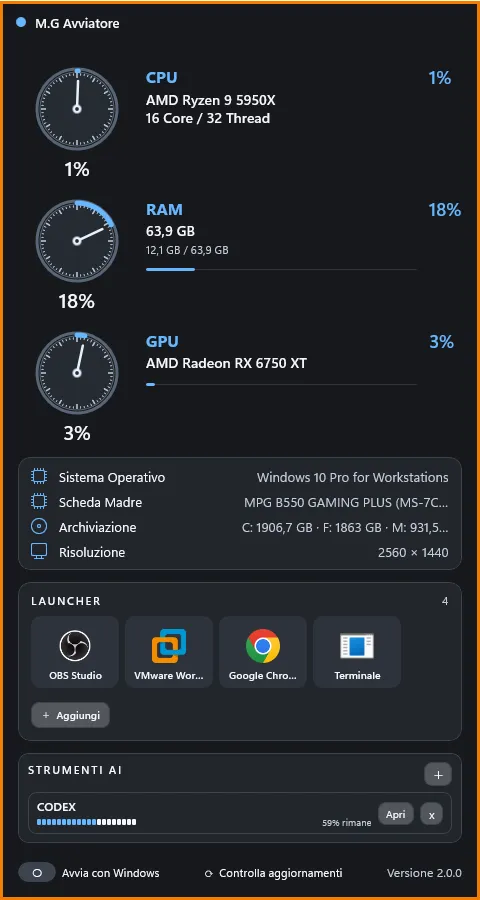 M.G Avviatore con monitor di sistema e launcher