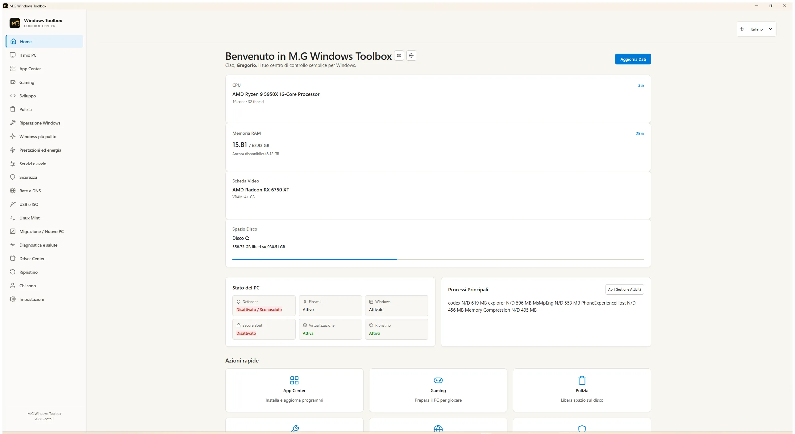 Schermata principale di M.G Windows Toolbox