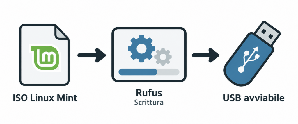 Illustrazione del processo di creazione della chiavetta USB avviabile di Linux Mint con Rufus