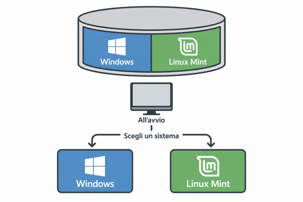 Schema dell’installazione di Linux Mint accanto a Windows in configurazione dual boot