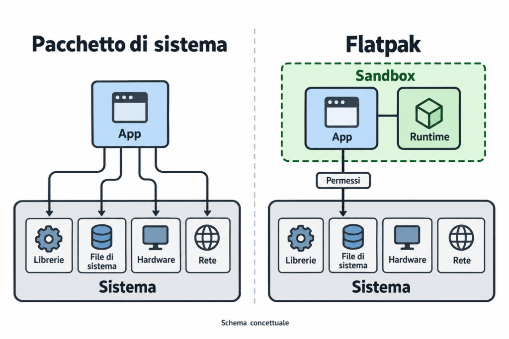 Illustrazione che confronta un pacchetto di sistema e un pacchetto Flatpak in Linux Mint
