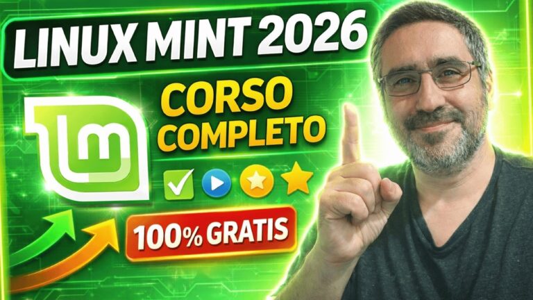 Gregorio Mangano indica il titolo “Linux Mint 2026”, accanto al logo Mint e alle scritte “Corso completo” e “100% gratis”.